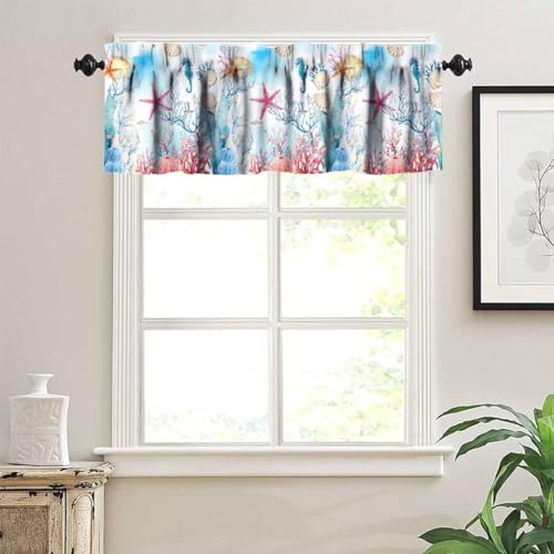 Image of Starfish Seashell Window Valance Curtain, Watercolor Coastal Animal Undersea Beach Colorful Coral Plant Window Treatment Valances for Kitchen Living Room Cafe Decor 54'x18', 1 Panel