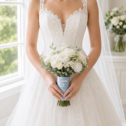 Image of MIXJOY Something Blue Gift for Bride, Wedding Day Bridal Blue Pearl Angel Wings Bouquet Garter Charm for Bride to Be
