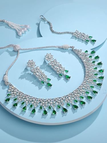 Image of ASMITTA Jewellery Silver American Diamond Necklace Set with Maang Tikka | Traditional Rhodium-Plated CZ Jewellery Sets for Women | Perfect for Bridal Weddings, Festivals & Special Occasions
