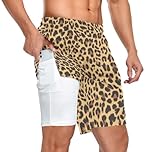 JHKKU Men's 2 in 1 Workout Running Shorts, Gym Athletic Shorts for Men Lightweight Training with Pockets and Towel Loop, Leopard Print, X-Large