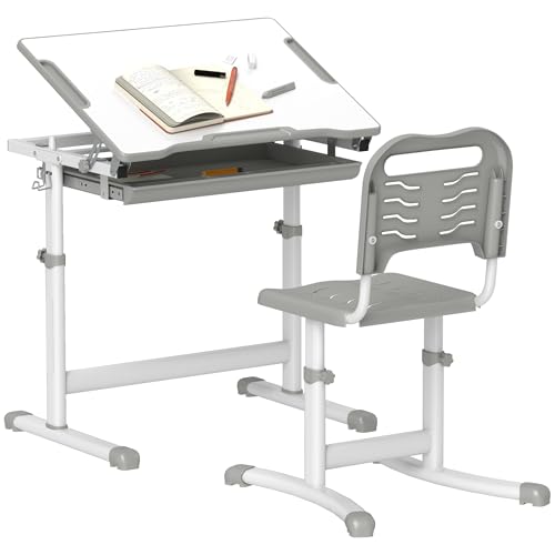 Qaba Kids Desk and Chairs Set, Height Adjustable Children School Study Desk with Tilt Desktop, Storage Drawer, Pen Slot, Hook, Ergonomic Table and Chair Set for Kids, Gray