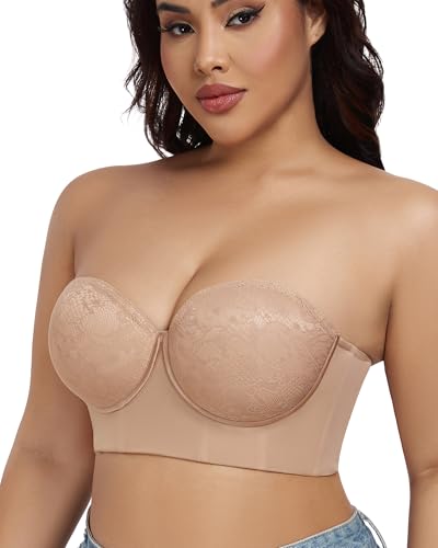 Image of FallSweet Longline Strapless Bra for Large Bust C-DD, Anti-Slip Back Smoothing Convertible Lace Corset for Wedding Party