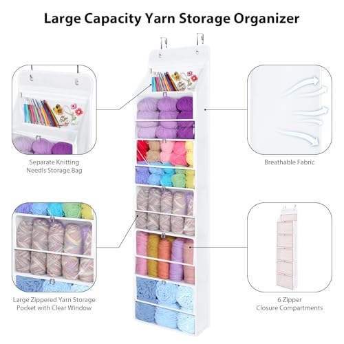 Image of Univivi Hanging Yarn Storage Organizer with 6 Zipper Closure Compartments, Large Capacity Knitting Organizer Storage, Over the Door Hanging Yarn Holder for Knitting Needles, Crochet Hooks(Clear White)