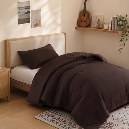 Image of ROSGONIA Twin /Twin XL Comforter Set for Girls Boys Brown, 1 Dark Brown Comforter & 1 Pillowcase, All Season Kids Comforter Lightweight Dorm Bedding
