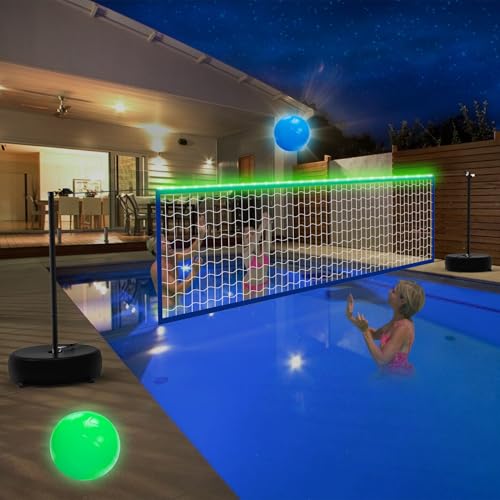 LED Pool Volleyball Net Set with Solar Powered Lights|15ft-32ft Adjustable Volleyball Net for Inground Pool, Kids Adults Water Volleyball Net Game Toy with 2 Ball & Pump for Pool Backyard Party