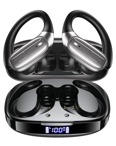 Image of LEEMC Wireless Earbuds, Bluetooth Headphones 5.4, Ear Buds with Hooks for Sports, 80Hr Playtime Earphones, LED Display, IPX7 Waterproof Headset for Workout Running, Taupe