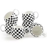 LAUCHUH Coffee Mug Set of 6, 18 oz Large Porcelain Coffee Mugs Checkered Coffee Cups with Handle Cappuccino Cups for Valentine's Day, Tea, Cocoa, Milk, Latte, Mocha, Black and White