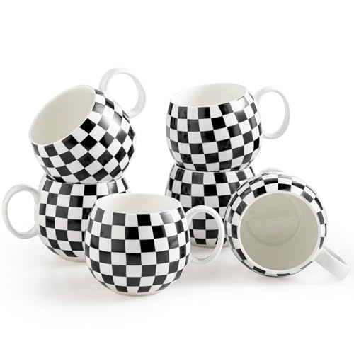 LAUCHUH Coffee Mug Set of 6, 18 oz Large Porcelain Coffee Mugs Checkered Coffee Cups With Big Handle Cappuccino Cups for Tea, Cocoa, Milk, Latte, Mocha, Black and White