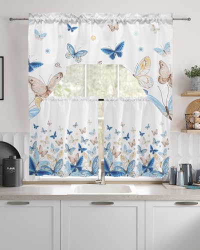 Blue Butter-fly Swag Kitchen Curtain Sets with Valance,3 Pieces Rod Pocket Curtain Drapes for Bedroom Living Room Bathroom Windows,Country Aesthetics Gradient Brown Art 56''x36'' & 24''x27.5''x2Panels