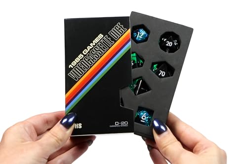 Image of 1985 Games Sharp Edge DND Dice Set - Surge 7 Piece Polyhedral Dice in Retro VHS Box - TTRPG Tabletop RPG Game Accessory