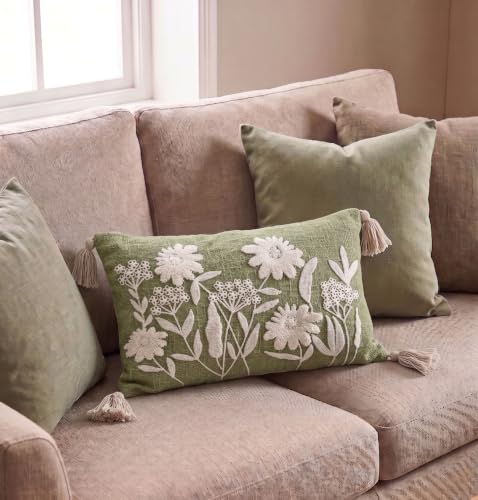 Image of Furnistitchs Boho Rectangle Cushion Cover 12x20 inches | Handmade Decorative Throw Pillow Case | Bohemian Home Decor Sofa Bed Cushion Cover Living Room Bedroom (2, Green Floral, 12x20 inches)