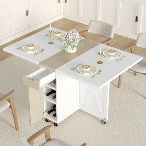 BHAODEAL Folding Dining Table with 6 Wheels, Drop Leaf Tables for Small Spaces, Foldable Dining Table with 2-Layer Storage Rack, Kitchen Table with Drawer (White and Oak)