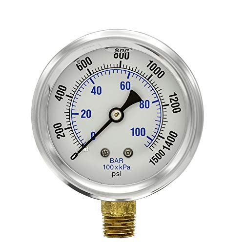 Pic Gauges Pro-201L-254N 0-1500 Psi Pressure Gauge, 2 1/2" Dial, 1/4" Male Npt Connection, Bottom Mount, Dual Scale, Glycerin Filled, Stainless Steel Case/Bezel, Brass Internals & Plastic Lens #TOP1