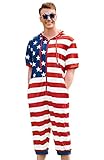 Men's 4th of July Rompers American Flag Onesie Short Sleeve Stripes And Stars Zipper Outfits with Pockets S