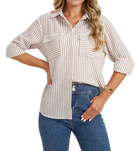 Enmain Camisas Mujer Marrón Lino a Rayas Manga Larga Blusas Verano Mujer con Cuello V y Botones Casual para Oficina Trabajo y Empresa S