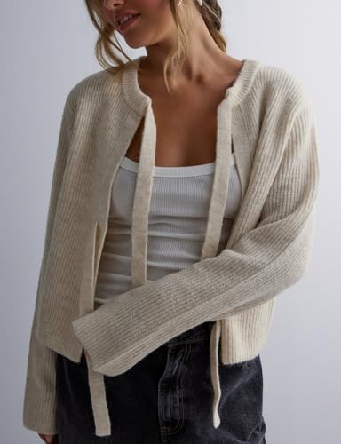 Women's Cropped Ribbed Knit Cardigan Long Sleeve Bow Tie Front Open Front Knitwear Tops2