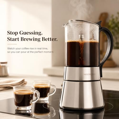 Image of Mixpresso 9 Cup Greca Moka Pot, Glass Stovetop Espresso Maker | 550ml /18oz Italian stovetop coffee maker with classic percolator design, ideal for preparing coffee at home or while camping