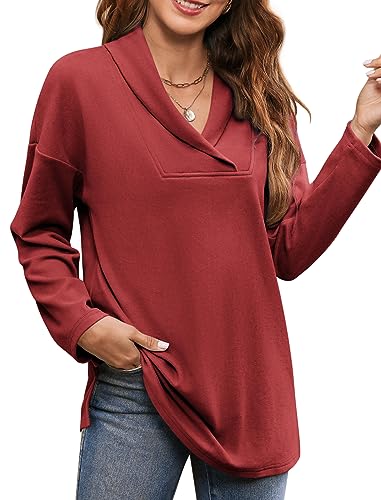 Image of Women's Long Sleeve Tops Fall Shawl Neck Tunic Tops for Leggings Casual Blouse Sweatshirt