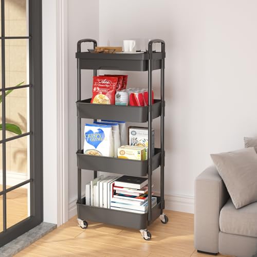Image of Calmootey 4-Tier Utility Cart with Drawer & Wheels, Storage for Home,Office | Space-Saving Organizer, Sturdy Plastic Shelves, Smooth-Rolling Metal Wheels, Built-in Drawer for Small Items, Black