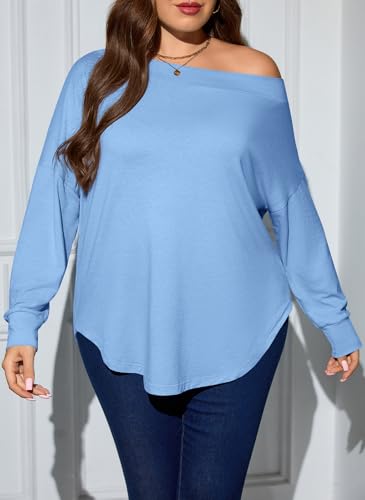 Image of UNCLECAT Womens Plus Size Tops Off The Shoulder Long Sleeve T Shirts Casual Curve Hem Tunics Tops Blue