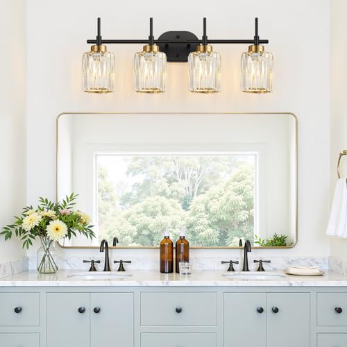 Image of Modern Crystal Bathroom Vanity Light, 4-Light Black and Gold Bathroom Light Fixtures, Clear K9 Crystal Shades, Adjustable Up /Down Mount, E26 Base Wall Sconce (Bulbs Not Included)