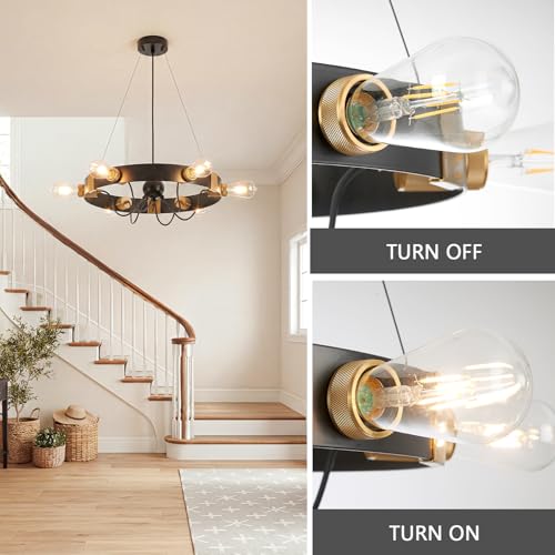 Image of 6-Light Wagon Wheel Chandelier, Black Gold Farmhouse Pendant Light | 21.4 Inch Industrial Pendant Light for Kitchen Island, Adjustable Hanging Height, Rust-Proof, ETL Certified, E26 Sockets