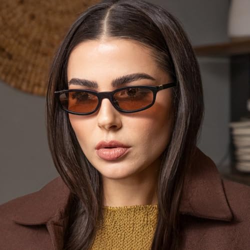 Retro Semi Oval Sunglasses for Women Men Trendy Small Narrow Rectangular 90s Glasses Vintage Brown Rectangle Shades3