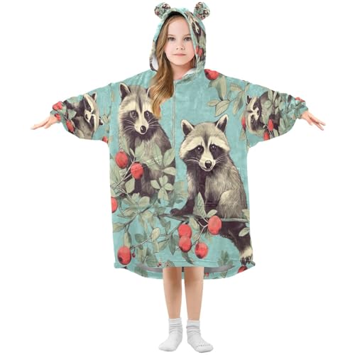 WELLDAY Racoon Wearable Blanket Hoodie for Kids, Soft Comfy Sherpa Blanket Sweatshirt With Pocket, 3-14 YR Girl Boy Warm Birthday Gifts - Medium