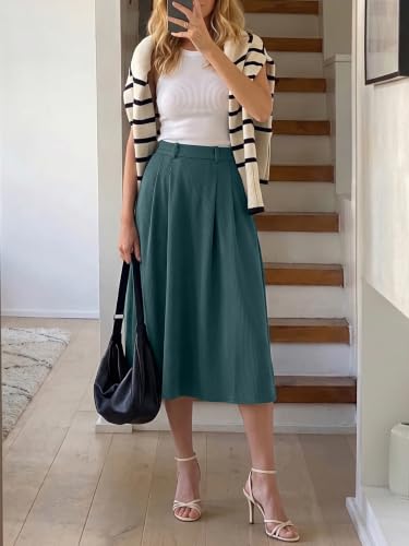 Image of Casly Lamiit A-Line Midi Skirts for Women Business Skirt | Elastic High Waisted, Pleated with Pockets, Work Skirts Casual