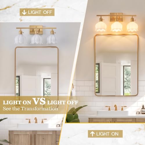 Image of 3-Light Vintage Bathroom Vanity Light, 19.4 inch Brass Hardwired Wall Sconce with Amber Tulip Glass Shades, Brushed Gold Vanity Light for Mirror, Restroom, Bedroom (White, 3-Light)