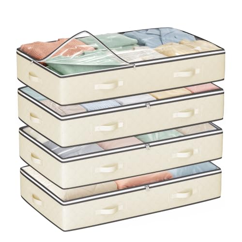 Image of Budding Joy 4 Pack Under Bed Storage Containers with Clear Lids, Beige