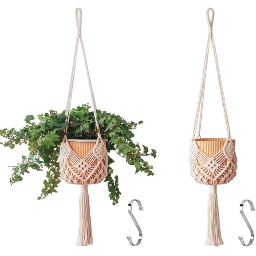 Muorruo 2er-Pack Hängepflanzgefäße mit Mustern Makramee-Pflanzenampeln für drinnen und draußen Makramee-Pflanzenampeln für Töpfe bis zu 20 cm Durchmesser Boho-Pflanzenampelhalter