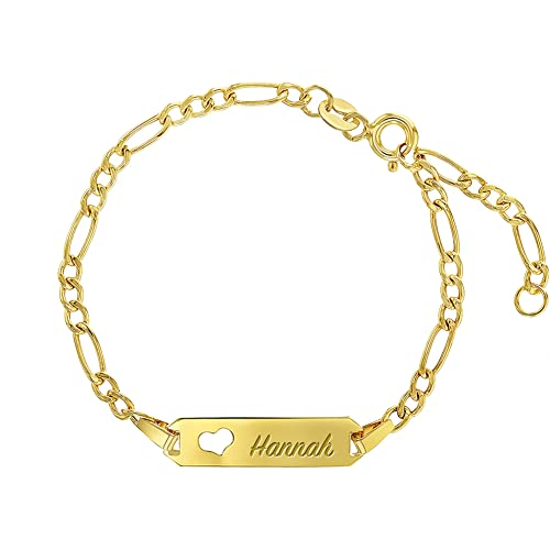 14K Yellow Gold Unisex Adjustable Girls Name Id Bracelet Engravable Heart Tag - Figaro Link Chain Rectangular Name Plate Bracelets For Babies & Children - Small Identification Bracelet 4.5" To 5.5" #TOP22