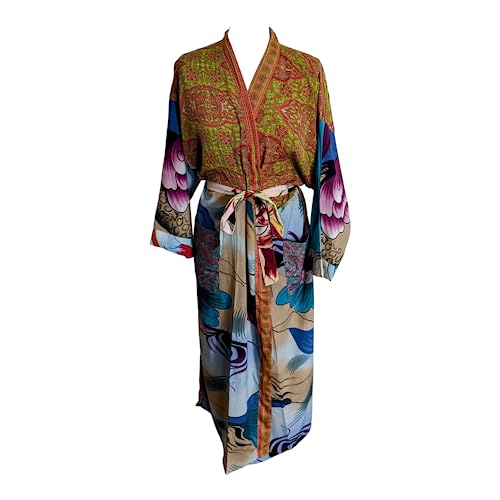 Kimono indien en soie synthétique vert clair fait main de 125 cm