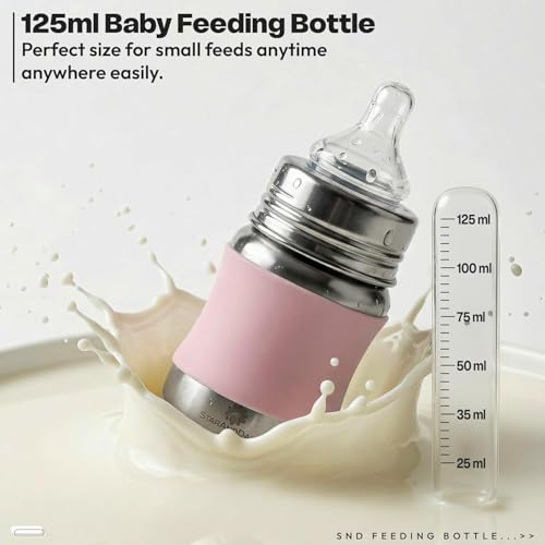 Image of StarAndDaisy 125ml Stainless Steel Baby Feeding Bottle for Newborns, Infants & Toddlers | SUS 304 Steel Milk Bottle | BPA-Free, Leakproof, Anti-Colic & Easy-to-Clean Feeding Bottle for 0+ Months (Pink)