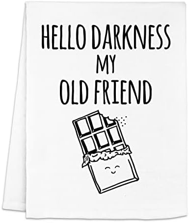 Funny Kitchen Towel, Hello Darkness My Old Friend, Flour Sack Dish Towel, Sweet Housewarming Gift, White or Gray (White)