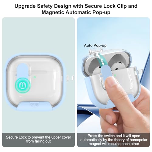Image of Aircawin for Airpods 4 Case Clear,Secure Lock for Airpods 4th Generation Case Cover with Phone Stand and Magsafe Function,Auto Pop-up,Hybrid Protection Design with Carabiner&Cleaning Pen-Blue