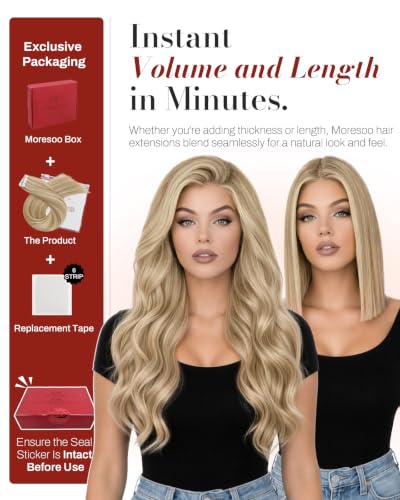 Image of Moresoo Tape Extensions Human Hair Honey Blonde Highlights 24in 20Pcs 50g | Seamless tape in hair extensions human hair, extra-long strands, warm blonde blend for braids and photo shoot styling