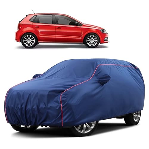 Image of Sulfar 100% Water Resistant Car Body Cover Compatible with Mirror for Volkswagen Polo GT (Triple Stitched, Full Bottom Elastic, Blue Taffeta with Red Piping)