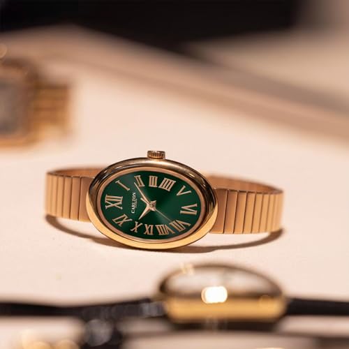 Image of Carlton London Women Daphne Analog Watch, Oval Dial, Stainless Steel Strap, Quartz Movement, Green Dial, Rose Gold Strap, 30M Water Resistant, Casual Wear | CL-DA-GRN