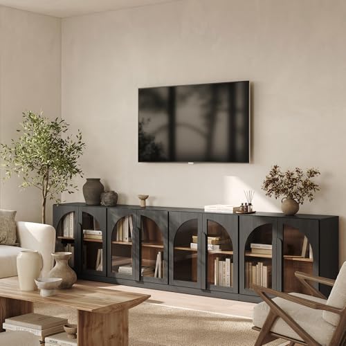 Image of BELLEZE 4-Piece Modular TV Stand Set,Modern Entertainment Center with Arched Glass Door,Sideboards with Adjustable Shelves & Wide Wooden Handle,Classic Media Console Cabinet for Living Room(Ebony)