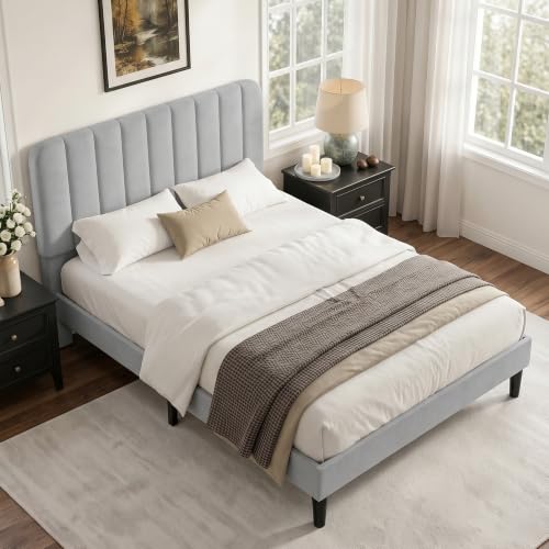 Image of VECELO Queen Size Bed Frame with Upholstered Headboard, Velvet Platform Bedframe Mattress Foundation, Strong Wood Slat Support, No Box Spring Needed,Light Grey