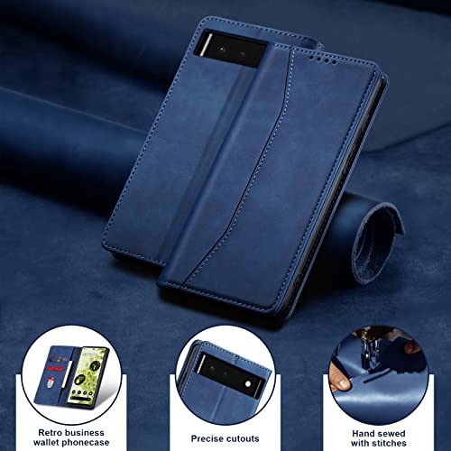 Image of Jasonyu Flip Wallet Case for Google Pixel 6 5G,Leather Magnetic Folio Cover with Card Holder,Kickstand - TPU Shockproof Durable Protective Phone Case,Blue