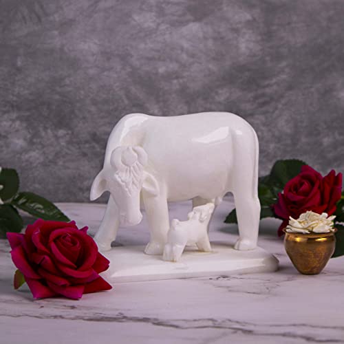 Image of HANDICRAFT BAZAAR Marble Cow and Calf | Gaay and Bachda for Home Vastu (3 Inches), White