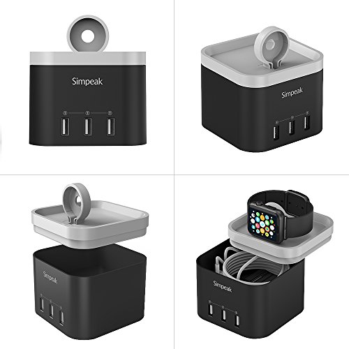 Simpeak 4 Port USB Charger Station for Apple Watch 6 SE 5 4 3 2 1 [Nightstand Mode], Multiple Port Desktop Charging Station Compatible with iWatch Phone Tablet, with Phone Charger Holder, Black - Thumbnail 4
