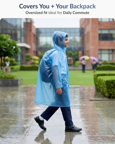 Image of Destinio Raincoat for Kids 6-12 Years, Waterproof Poncho for Kids, Thick PVC Knee Length Raincoat for Boys, Full Sleeve, Hood with Drawstring, Reusable Rain Coat for Girls, School Children