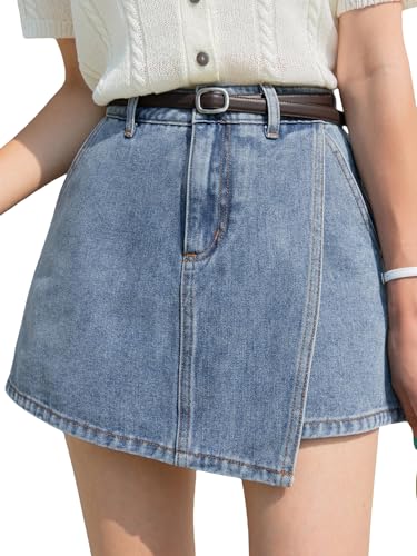 SHENHE Women's High Waisted Denim Skort Wrap Hem Asymmetrical Jean Mini Skirt Shorts