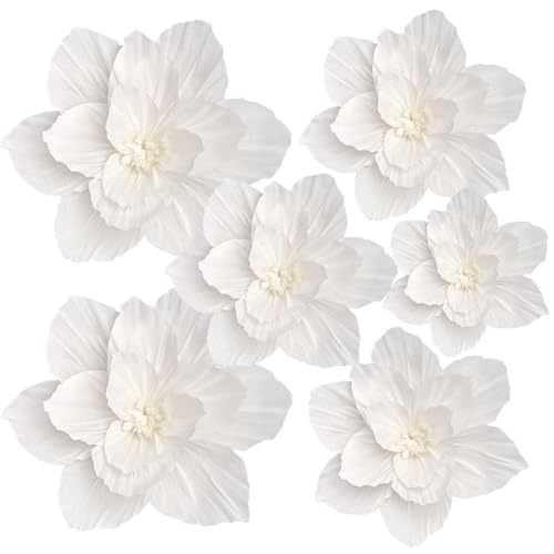 CREATCABIN 5 Pieza de Flores Artificiales de Papel Blanco 3D para Decoración de Pared para Bodas Cumpleaños Despedidas de Soltera Decoración Floral de Crepé para Pared Aula Habitación 25cm 30cm