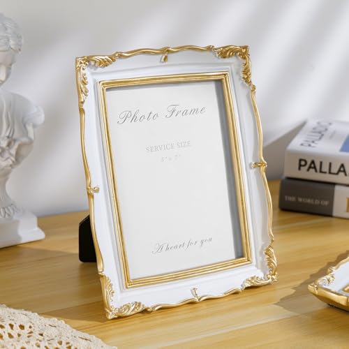 Vintage Picture Frame 5x7 Gold Frames, Ornate White and Gold Textured Hand-Crafted Resin Frame with Glass Front, 5 by 7 Antique Photo Frames for Tabletop Display