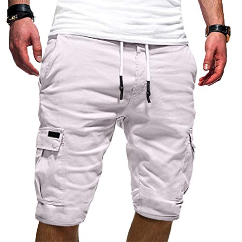 AUOYO Mens Shorts Pure Color Bandage Drawstring Shorts Elastic Waist Outdoor Cargo Shorts Summer Casual Sweatpants, White, Medium